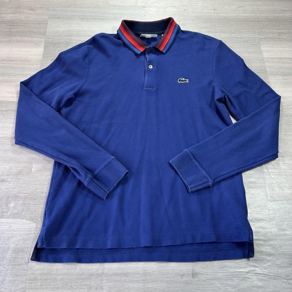 Lacoste Polo Shirt Mens Medium Blue Solid Long Sleeve Regular Fit Croc Logo